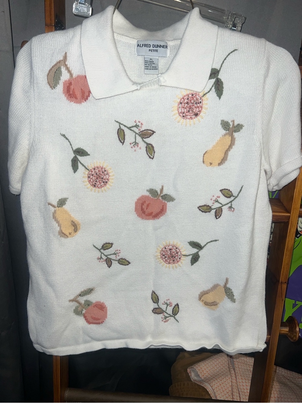VTG Alfred Dunner White Floral & Fruit Knit Polo Top petite large